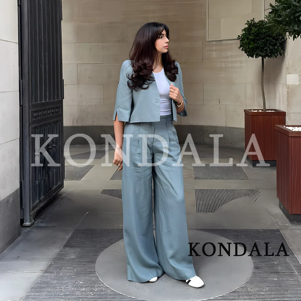 KONDALA Women Commute Chic Pants Suit 2026 Summer Trendy High Street Elegant Set Office Lady Short Blazer, Straight Long Pants