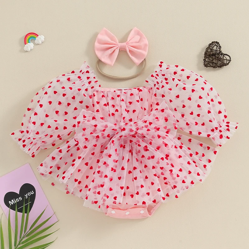 Newborn Baby Girl Valentine s Day Outfit Infant Girls Valentine s Day Romper Dress Heart Print Long Puff Sleeve Mesh Tulle