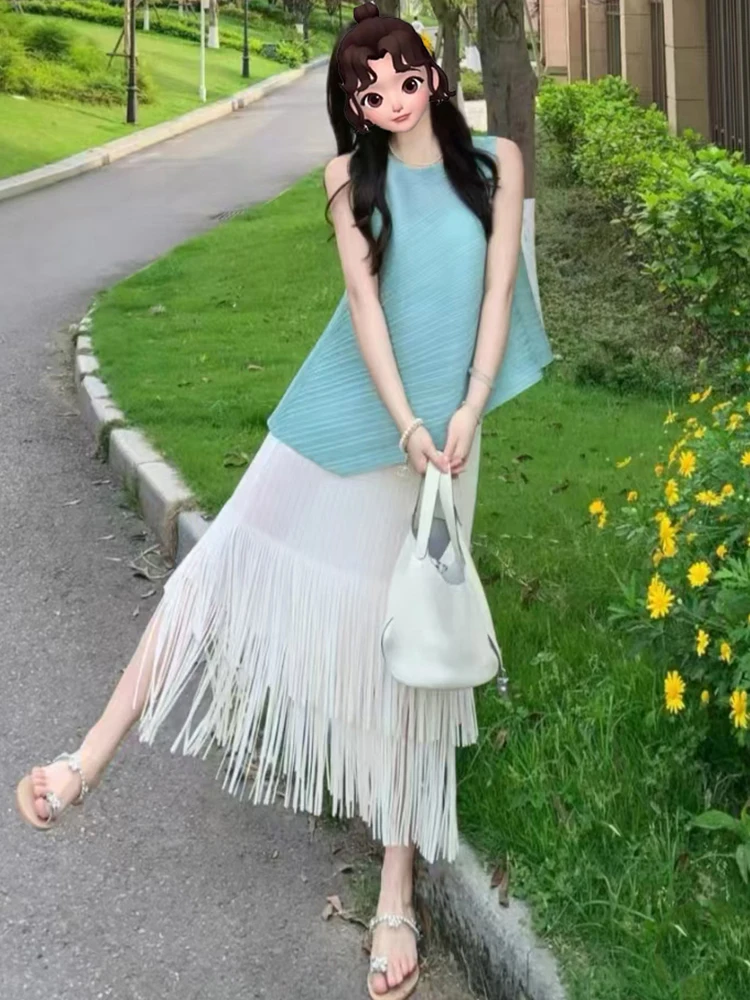

Summer Outfit Style Loose Wide Match Upper Folded Tassel High Waist Slimming Half Skirt Set Simple Commute Straight Tube