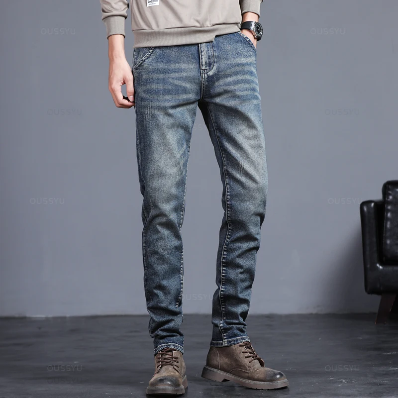 Primavera otoño hombres clásico moda gris Jeans Casual ajustado Vintage azul ropa de calle Biker fiesta pantalones largos hombre 27-36