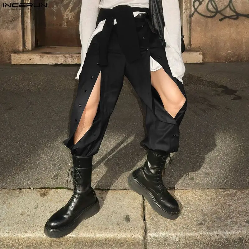 

INCERUN Men Pants Solid Color Joggers Button Hollow Out Trousers Men Loose Streetwear Sexy Fashion Casual Male Long Pants S-5XL