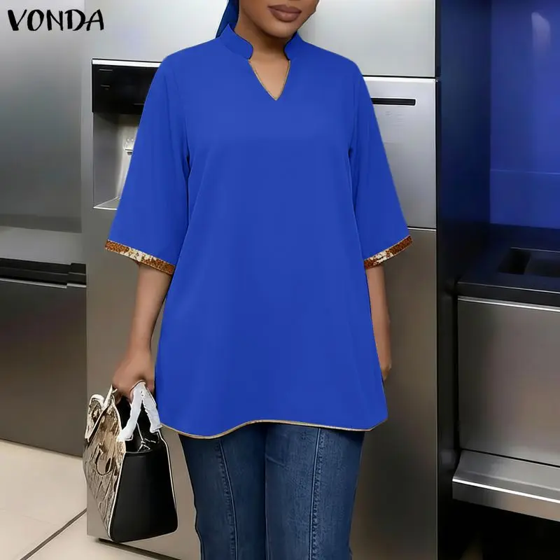 

Plus Size 5XL VONDA Women Half Sleeve Blouse Summer Fashion V-Neck Color Patchwork Pullovers Tops Casual Shirts Oversized Blusas