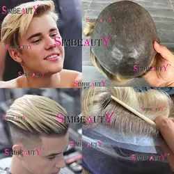 Brown Roots #613 Ombre Platinum Blonde Male Wig Europe Human Hair Toupee for Men Full PU 0.06mm Thin Skin VLoop Prosthesi System