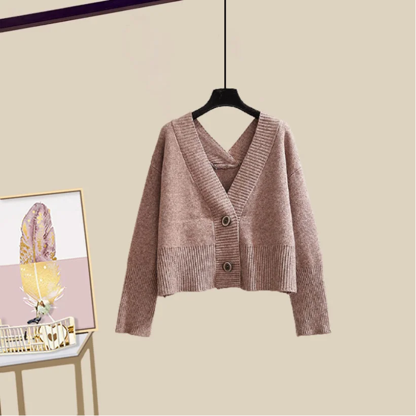Autumn and Winter Set Women's Korean Edition New Western Style Knitted Cardigan Sweater Slim Slim Hanging Dress Two Piece Set