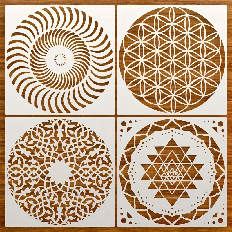 4 قطع مجموعة استنسل ماندالا كبيرة مقاس 12 بوصة لفن الحائط والقماش واللوحة القماشية والأثاث، قالب رسم دائري قابل لإعادة الاستخدام #1