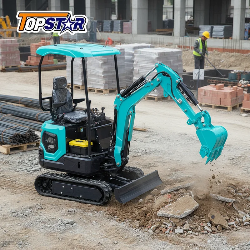 Multifunctional Mini Excavator 1.3 Ton Diesel-Powered Small Digger with Rake Attachment for Garden Leveling