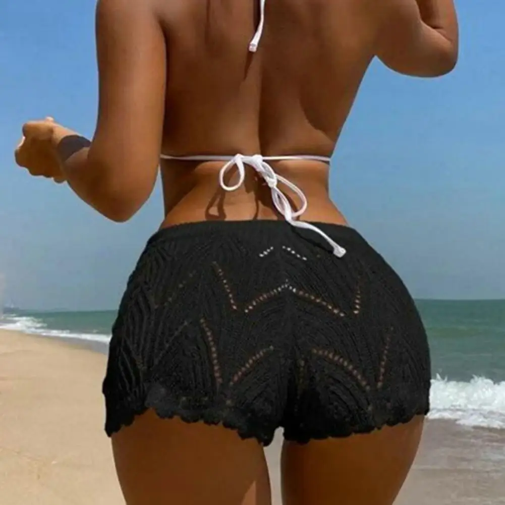 Shorts de praia feminino de renda elegante, cintura com cordão tricotado, tecido respirável macio, alto, verão