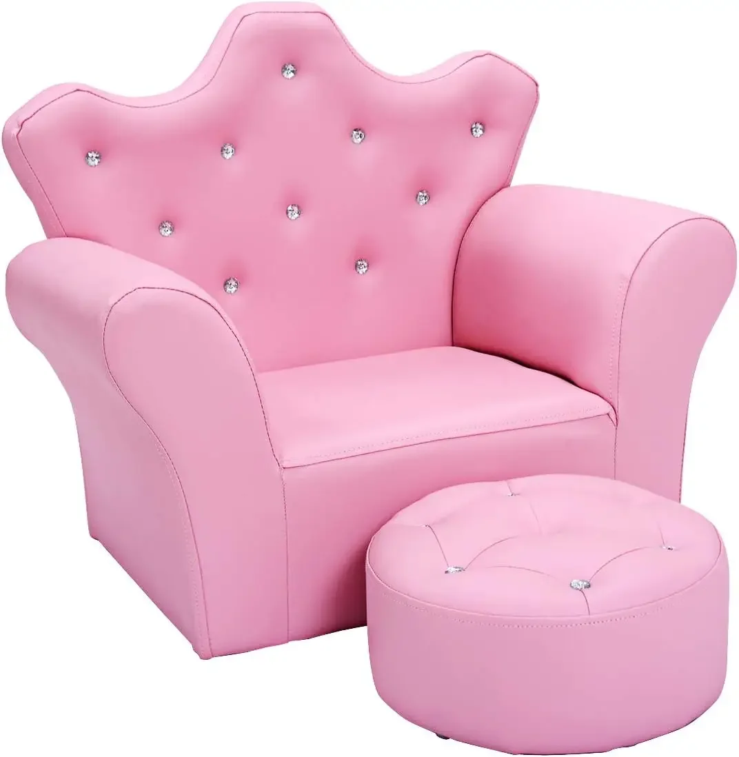 Kids Sofa, Children Upholstered Sofa with Ottoman, Princess Sofa with Diamond Decoration, Smooth PVC Leather Toddler Chair, Kids