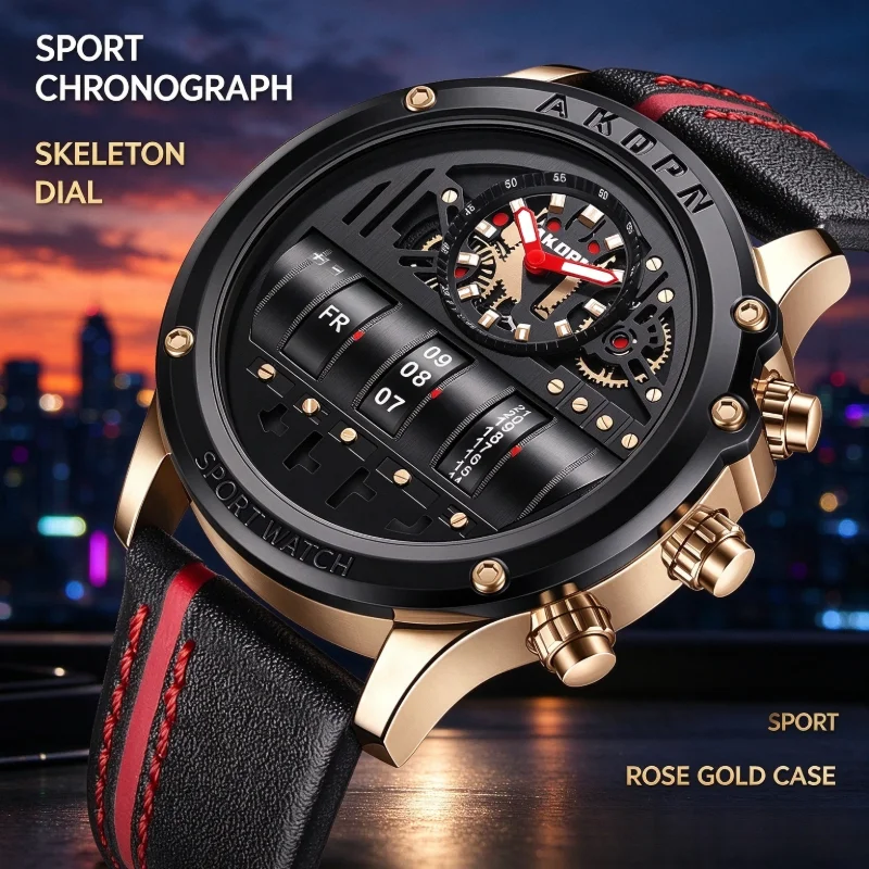 Luxury Business Quartz Watch for Men Creative Leather Strap with Unique Date Rotation Feature Male Wristwatch