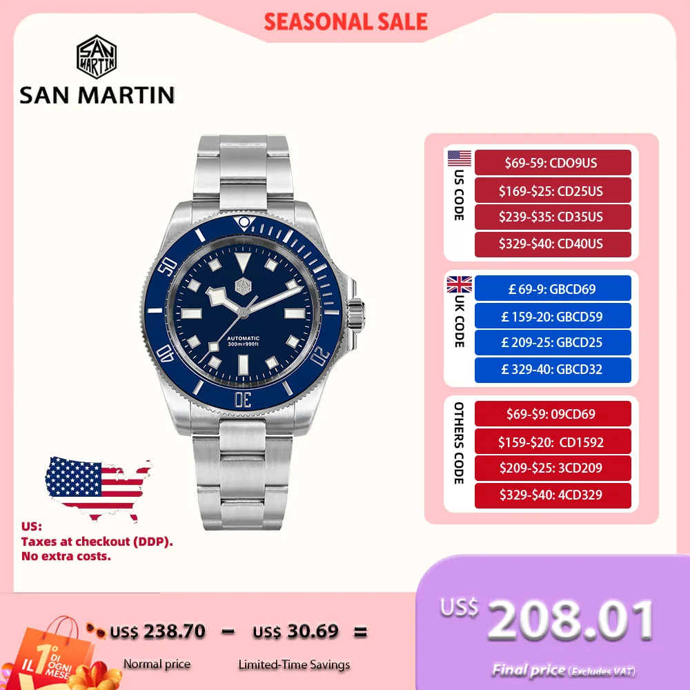 

San Martin 40mm Automatic NH35 Watch For Men Snowflake Hands Sports Relogio 300M Waterproof Montre Luxury Classic SN0111GB