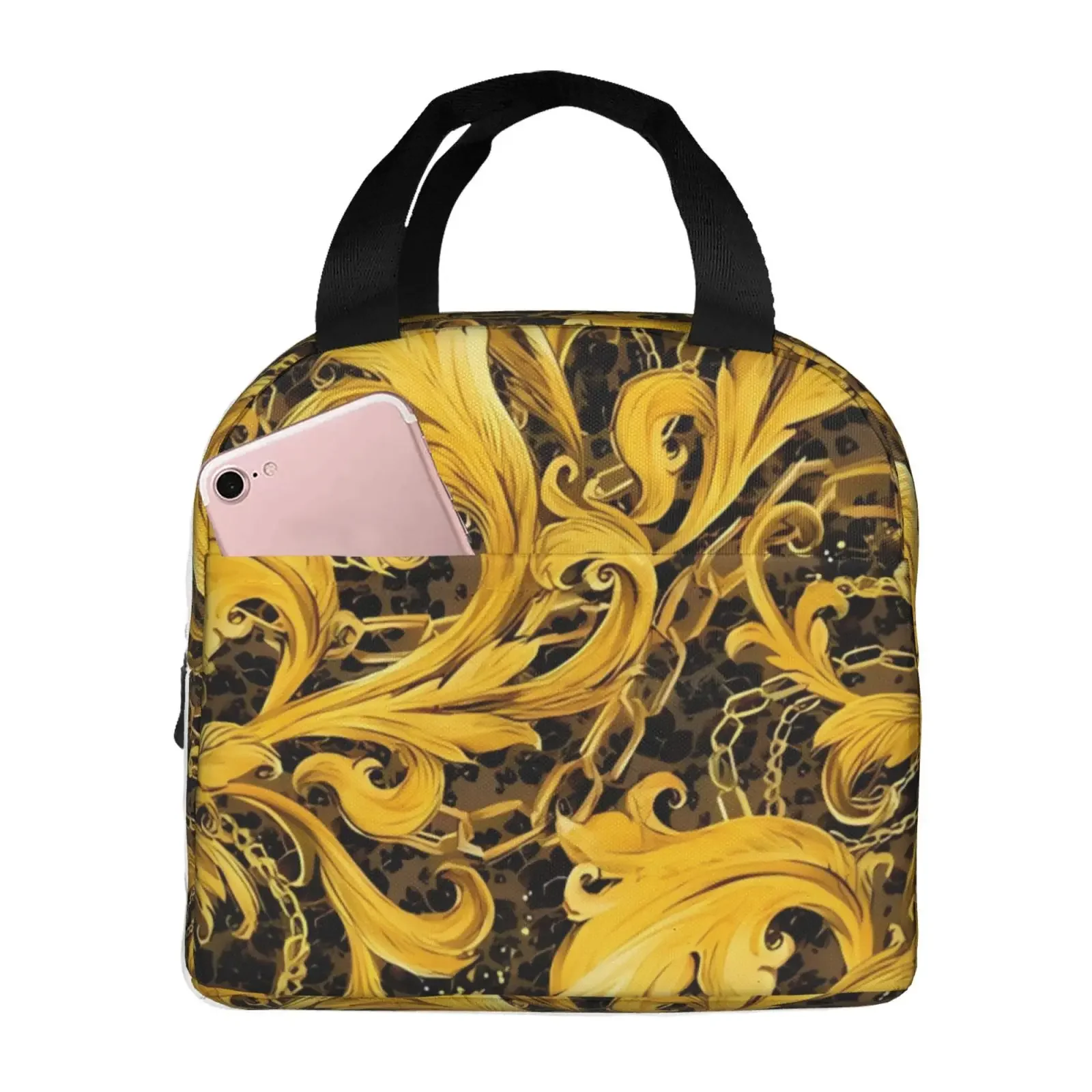 Vintage Baroque Golden Lace Pattern Insulated Lunch Box Leak-proof Thermal Cooler Lunch Bag For Men Women  Work Trip Picnic