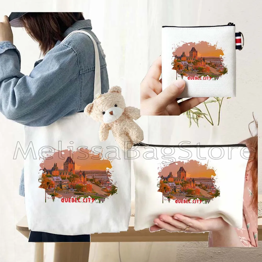 4PCS Gifts Set QUEBEC City Canvas Tote Bag Handbag with Doll Key Coin Purse Cosmetic Makeup Toilet Bag Case Pouch