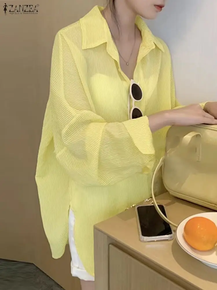 

ZANZEA Vintage Shirts Summer Seethrough Lace Tops Women Casual Loose Tunics 2025 Summer Long Sleeve Blusas Lapel Neck Blusas