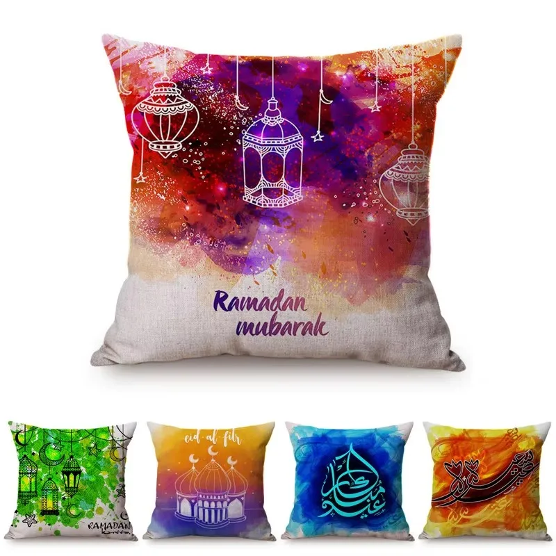 Muslim Eid Ramadan Sofa Decorative Throw Pillow Case Arab Vintage Mosque Lantern Style Cotton Linen Cushion Cover cojines