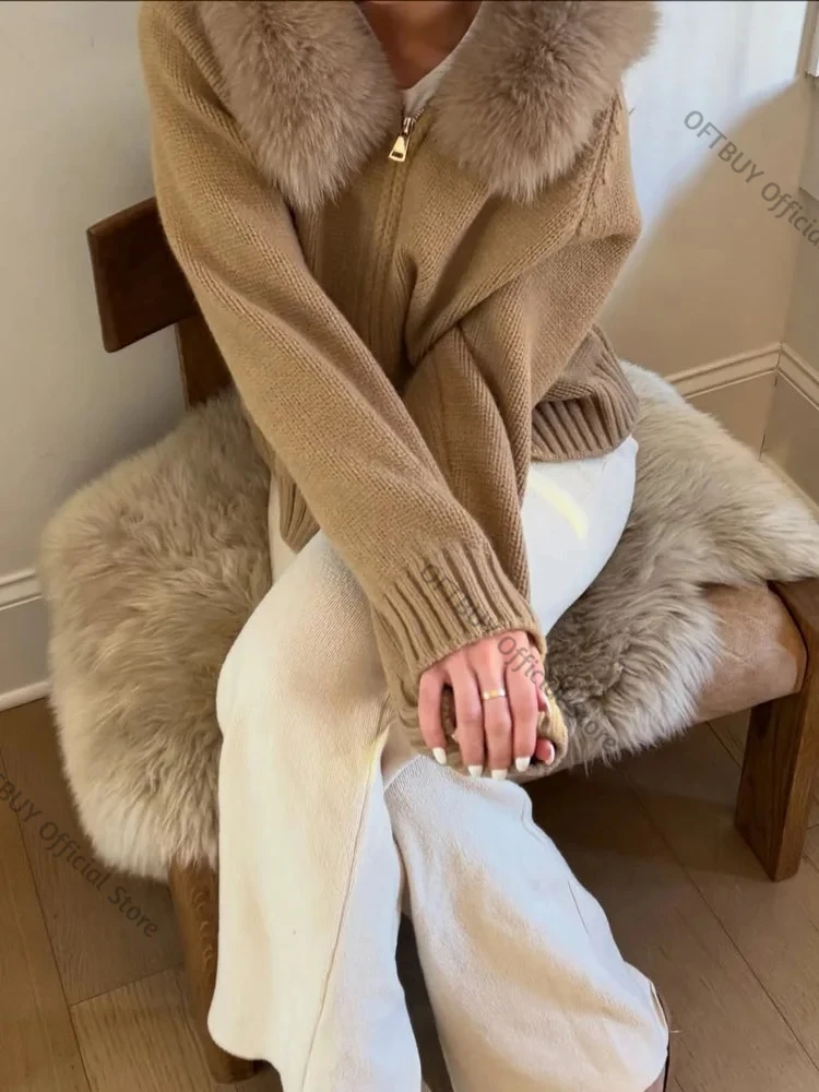 OFTBUY Cardigan for Women Soft Warm Winter Knit Cardigan Women's Winter Fur Coat Natural Fur Soft Knitwear for Daily Wear