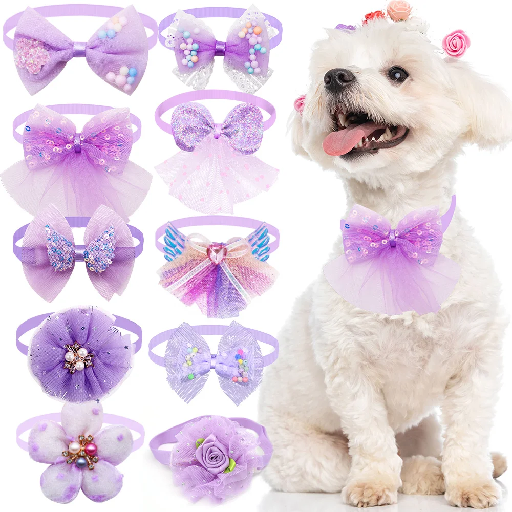 Random 10pcs Pet Dog Bow Collar Adjustable Dog Cat Bows Collar Lace Bling Necktie for Dog Accessories Puppy Grooming Supplier