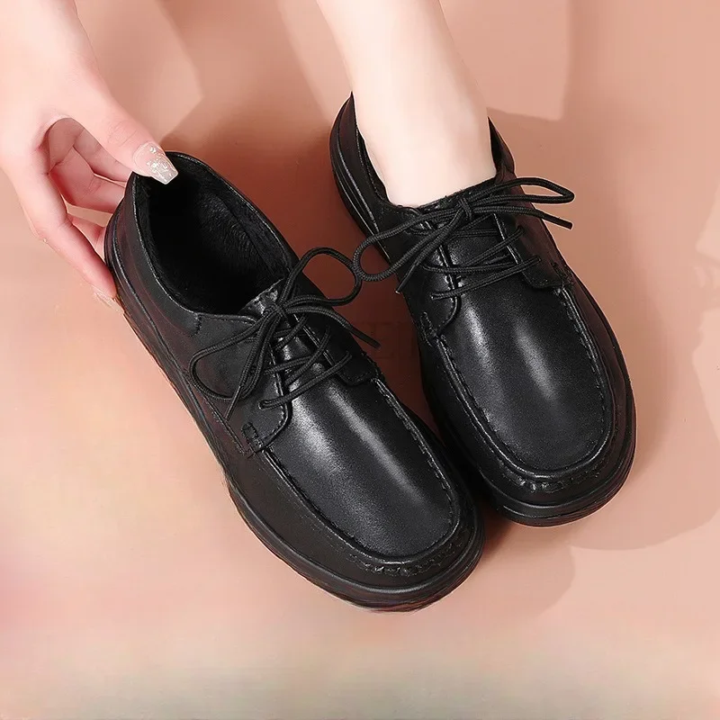 Genuine Leather Lace Up Nurse Shoes for Women Soft Soles in Autumn and Winter Plush Thick Soles Anti Slip Bottomed Work Shoes