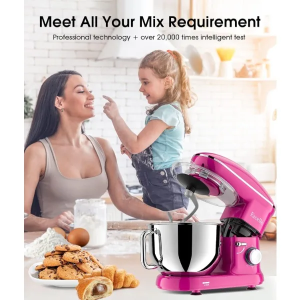 Facelle Stand Mixer, 660W 6 Speed Electric Kitchen Mixer with Pulse Button, Attachments include 6.5QT Bowl, Dishwasher Safe