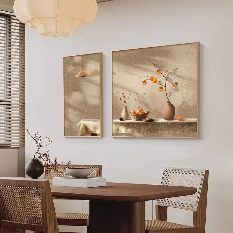 Persimmon Restaurant Decorative Paintings - Living Room Background Wall Hanging Art, Vase and Dining Table Combined Mural Art