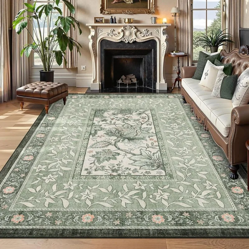 Classic Beige Floral Vine European Area Rug Elegant Traditional Carpet for Parlor Sophisticated Low Pile Floor Mat