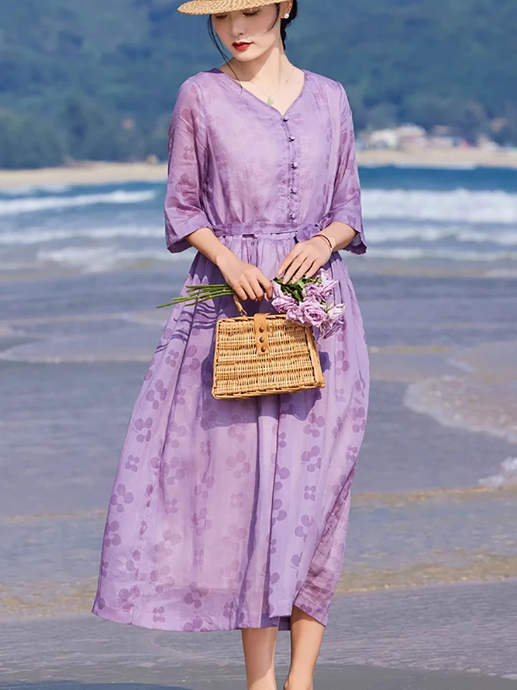 

High-End Original V-Neck Pure Lusha Dress Women's 2025 New Artistic Retro Waist-Cinching Holiday Dress A-Line Skirt