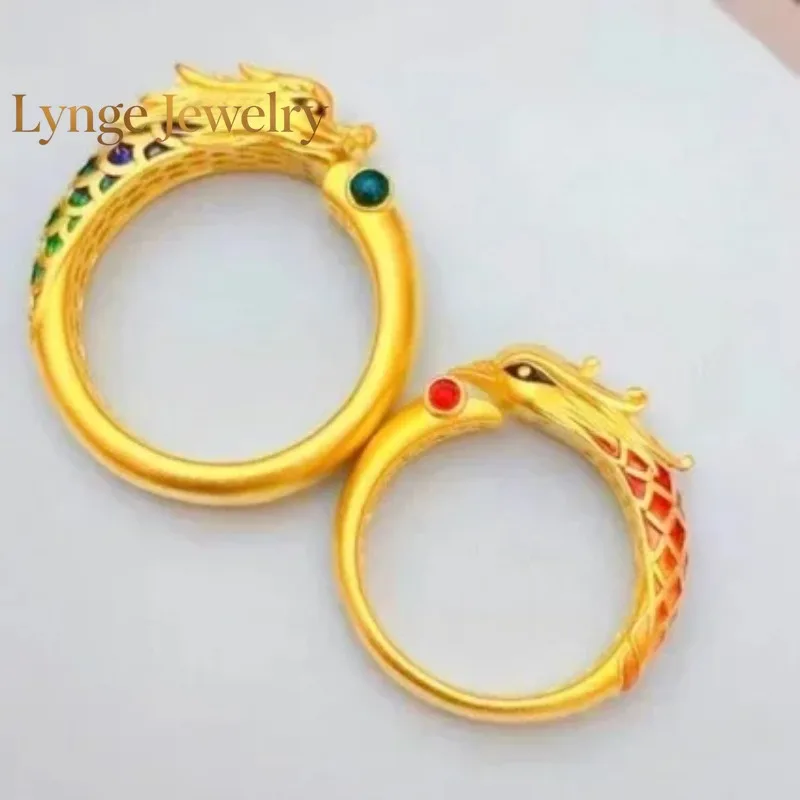 Lynge Jewelry Ancient AU999 gold enamel dragon and phoenix couple ring 24K pure gold ring female high value design fashion zodia