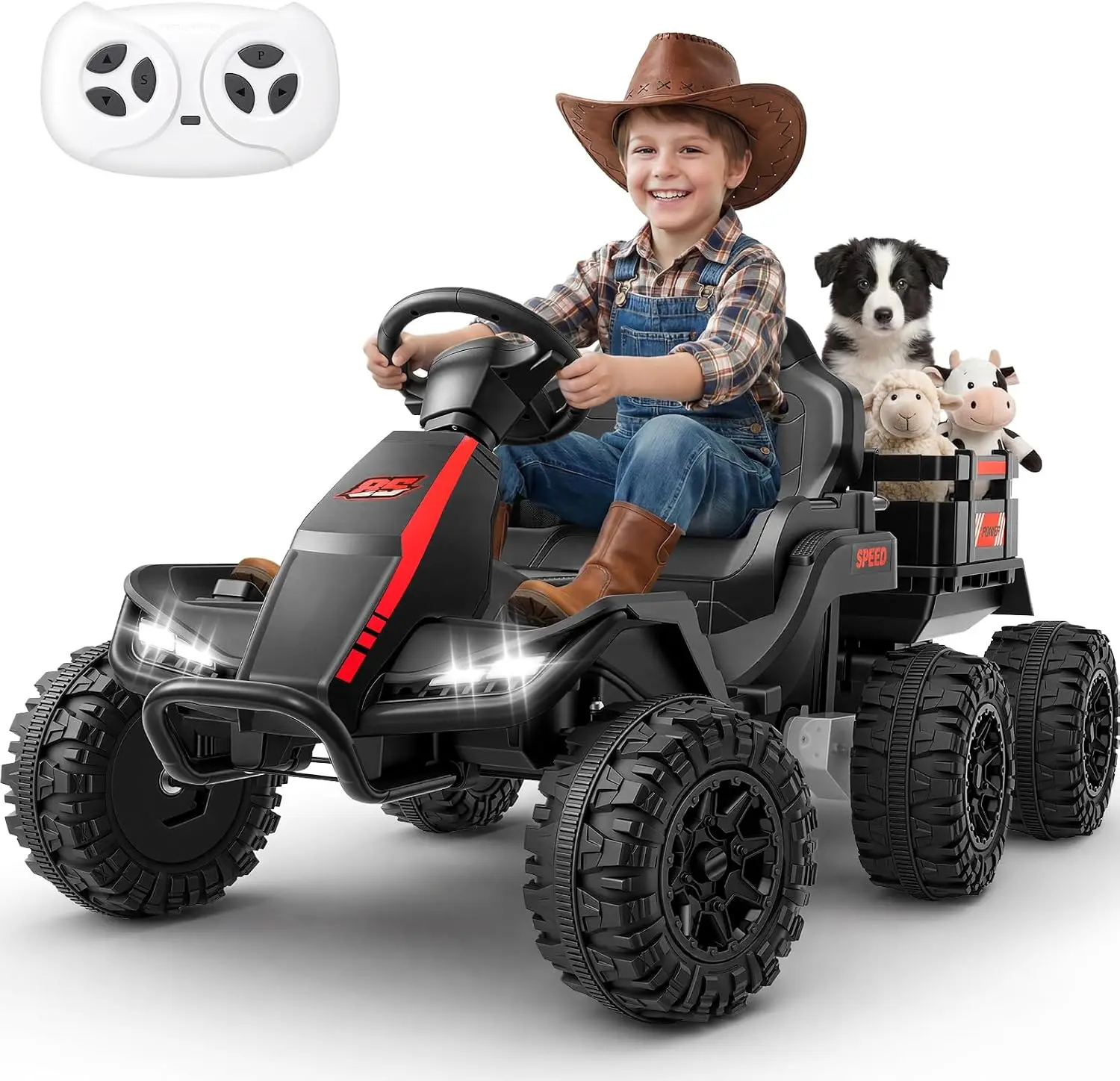 24V Kids Ride On Tractor 3+ Electric Car Black Detachable Trailer Remote Control 2 In 1 6 Wheeler Wide Seat High Slow Speed 200W