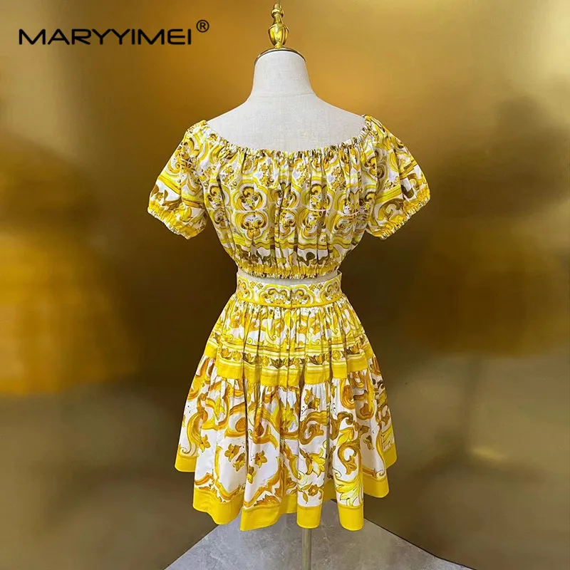 MARYYIMEI Fashion Women\'s Suit New Vintage Short sleeved Short Top+Mini Short skirt Baroque Printed Cotton Two piece set