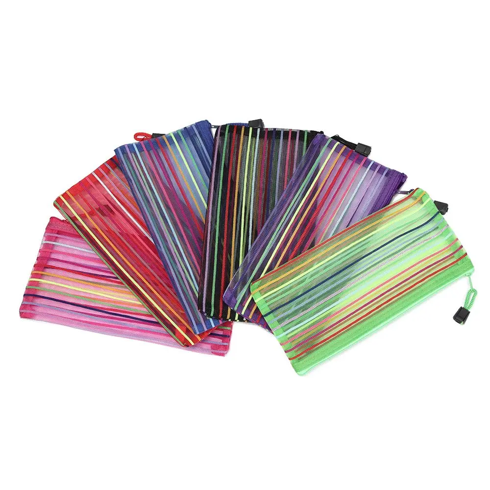 

1pc Fashion Solid Color Cosmetic Rainbow Color Nylon Makeup Mesh Pen Bag Grid Zipper Pencil Case Cosmetic Storage