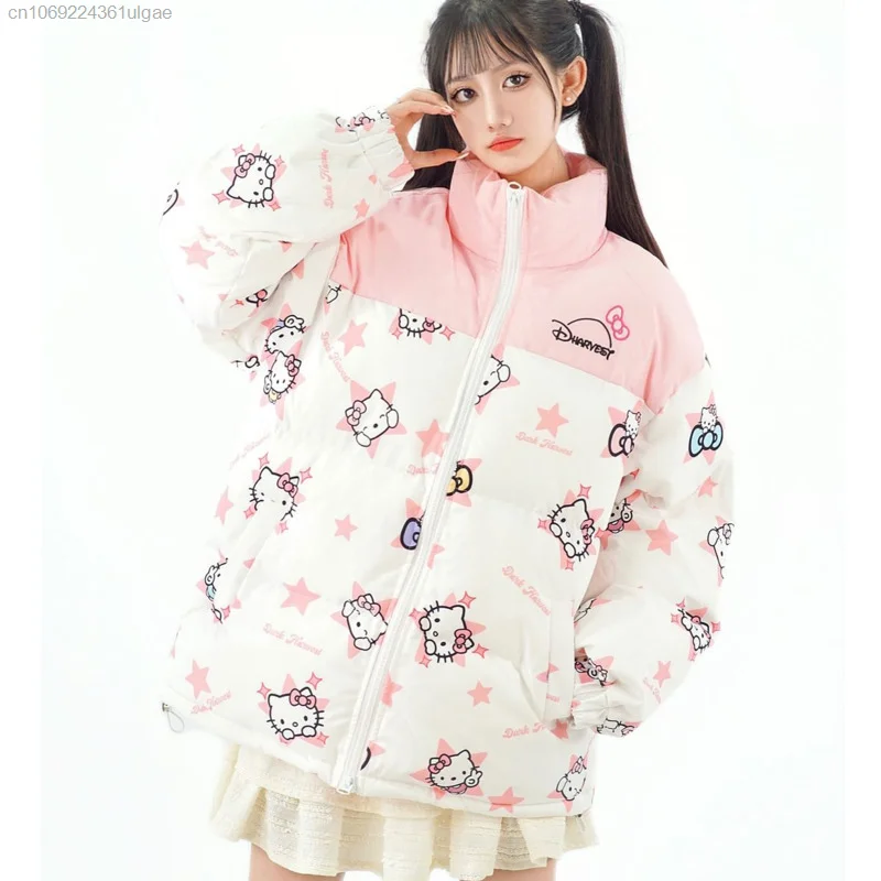 Sanrio Hello Kitty Cute Printed Padded Jacket Women New Fashion Thickened Cotton Coat Y2k Winter Harajuku Tops Female Clothing