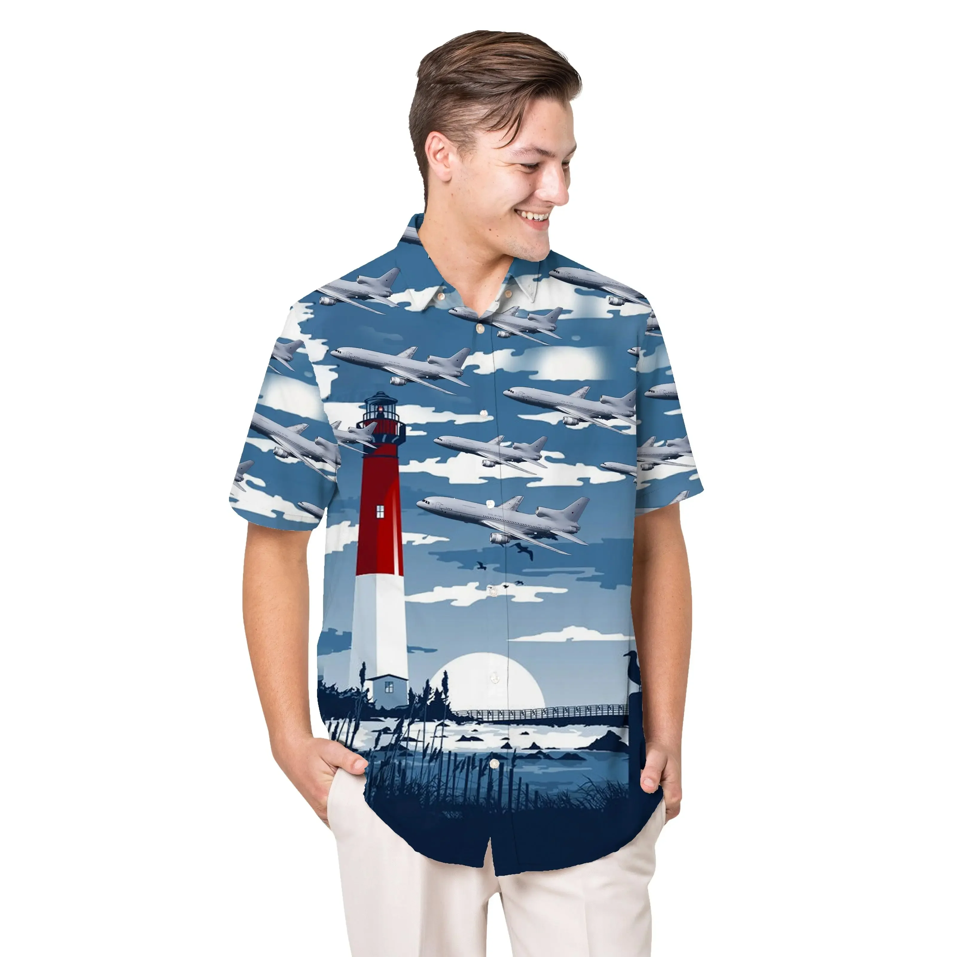 Jumeast Airplane Short Sleeve Hawaiian Shirt Landscape Graphics Polyester Aloha Shirts Tropical Leaves Casual Man Clothing