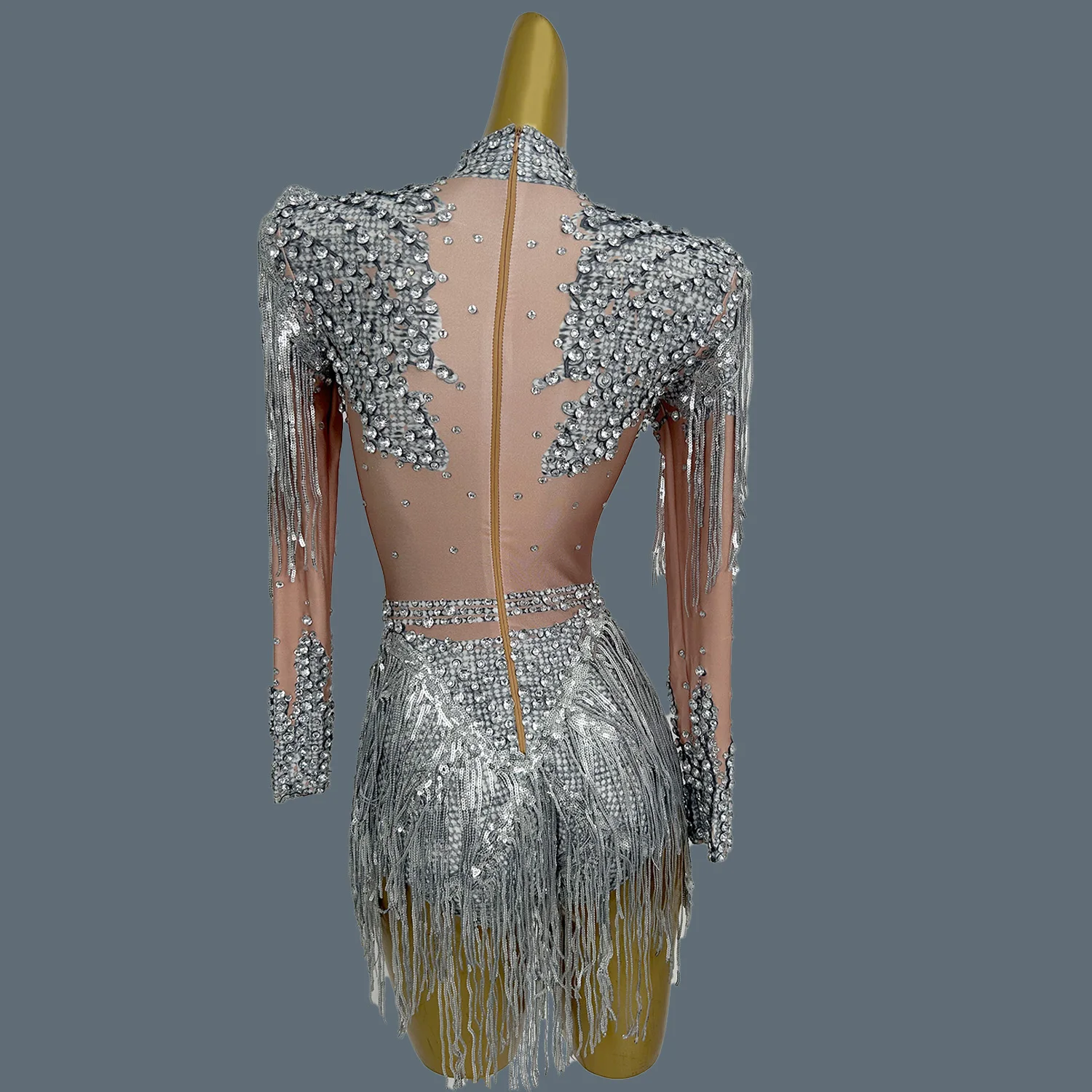 Sparkly Crystals Sequins Tassel Elastic Bodysuit Sexy Women Club Dance Costume Festival Night Party Showgirl Bodysuit Xinniang