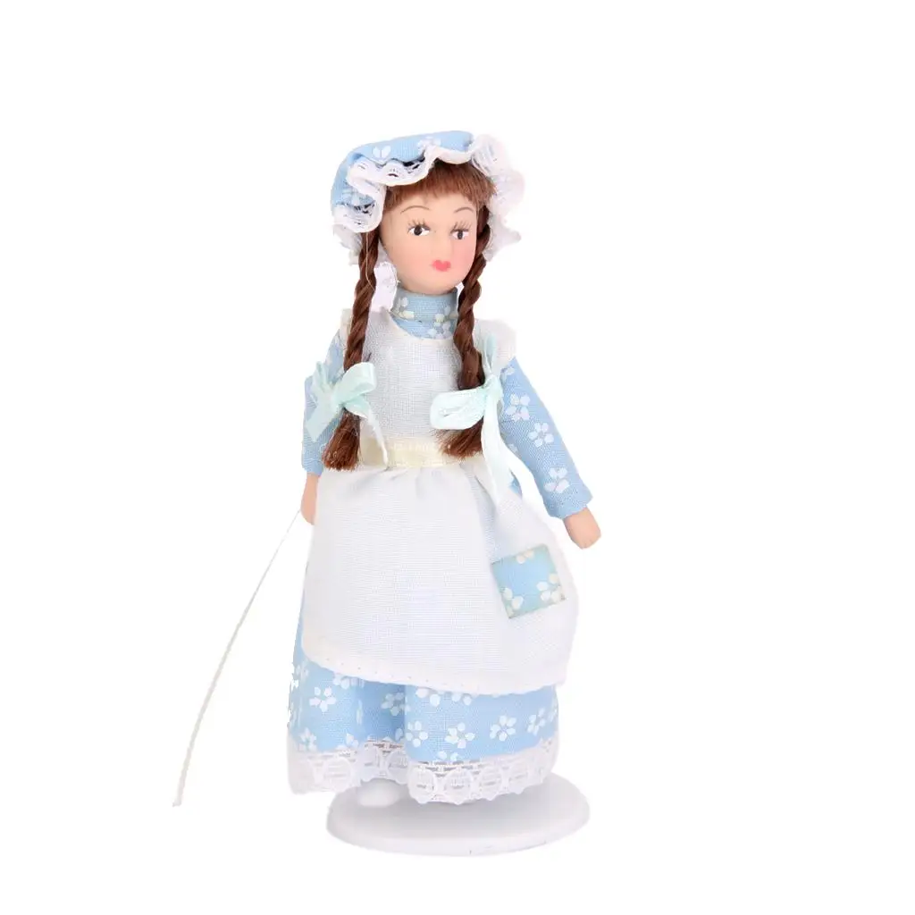 Porcelain Dolls with Braided Hair Miniature House Dolls Decorative Doll Puppet for Mini Dollhouse Kit