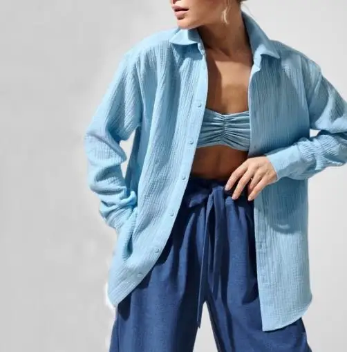 قميص نسائي جديد لخريف وشتاء 2025 بأكمام طويلة من نسيج كريب القطن الخالص قميص فضفاض مريح جديد ملابس نسائية