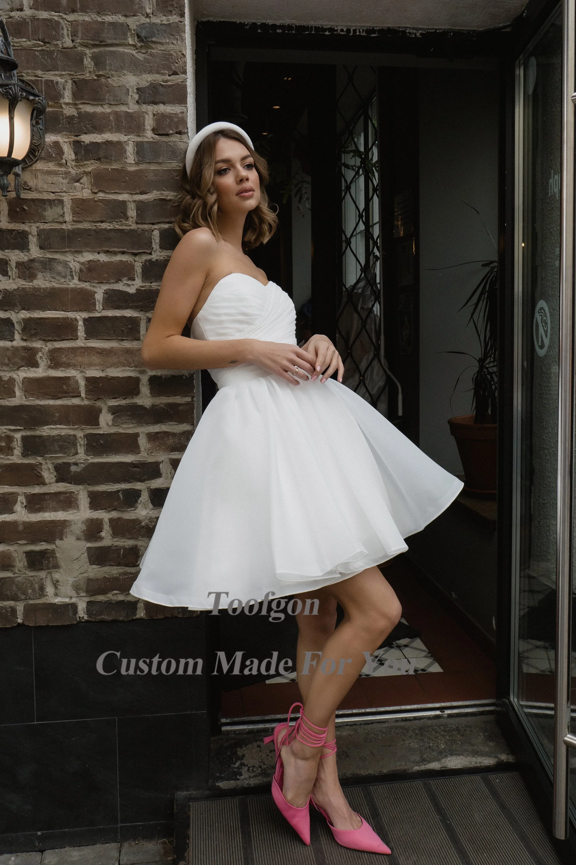 Toofgon-vestidos de novia cortos de Organza para novia, vestido de fiesta Formal plisado con escote Corazón, corsé, vestidos de novia de princesa