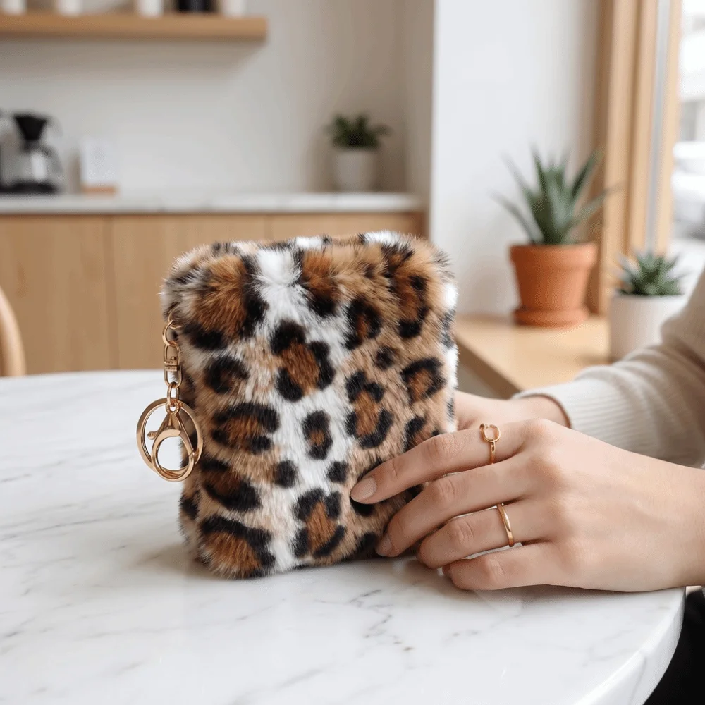 Furry Leopard Print Coin Purse Large Capacity Soft Short Card Holder Multi-Card Slot Travel Organizer Zipper Wallet Daily Use