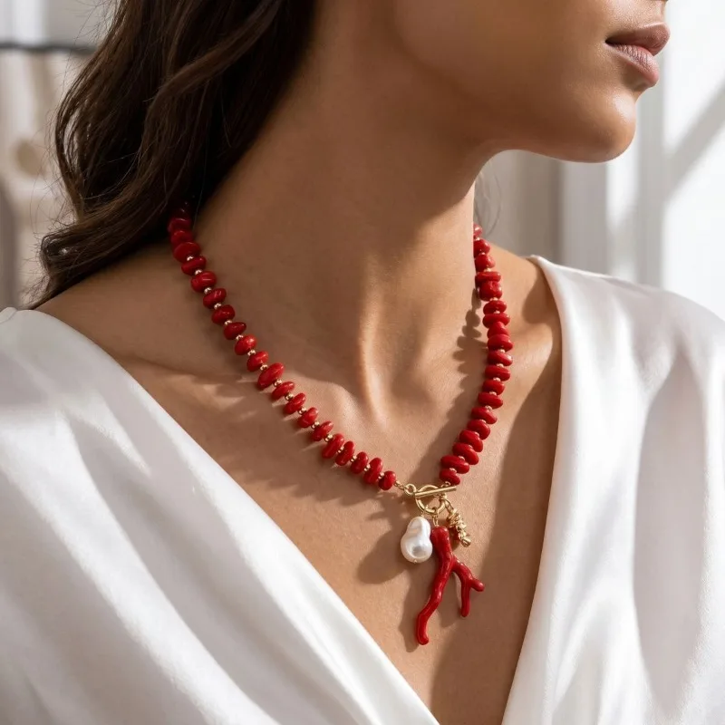 

Coral Beaded Necklace Irregularity Chain Baroque Pearl Pendant Boho Beach Jewelry Summer Statement Accessory