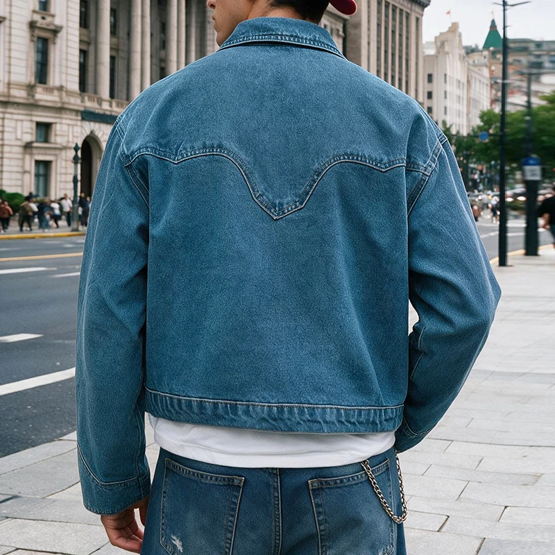 Men's American Vintage Western Cropped Denim Jacket Lapel Zipper Washed Jean Coat Streetwear Casual Fashion Outerwear for Male