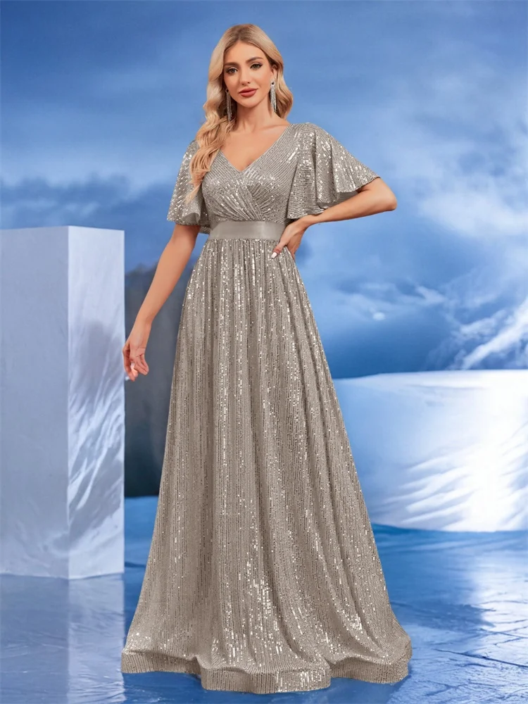 Lucyinlove Luxury V Neck Short Sleeves Formal Evening Dress Women 2024 Sequins Wedding Party Prom Maxi Cocktail Dresses Gown