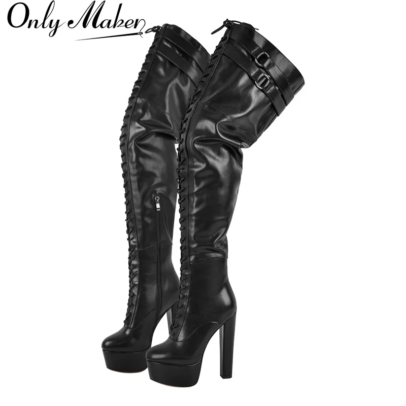 

Onlymaker Women Platform Black Over Knee Boots Patent Leather Sexy Round Toe Metal Zipper Winter Punk Thigh Boots