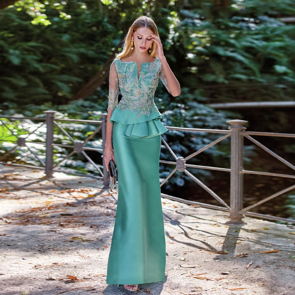 Vestidos Elegantes de sirena para madre de la novia, vestidos de fiesta de boda con cuello en V, mangas 3/4, satén hasta el suelo