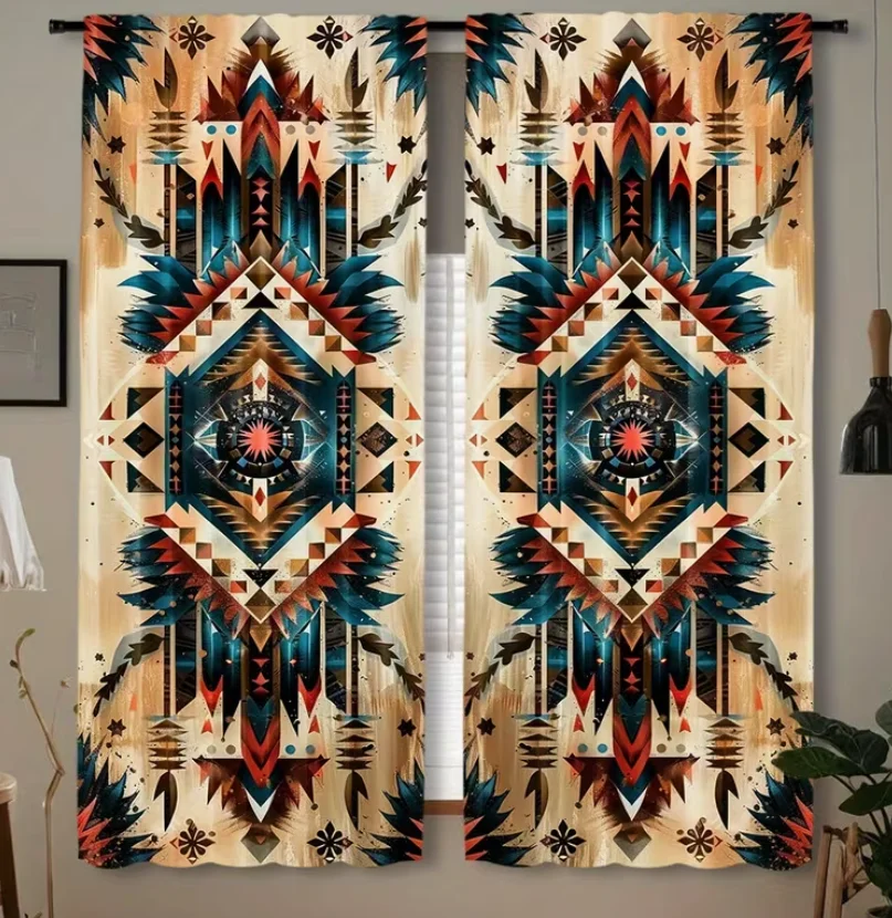 2pcs, Boho Blackout Rod Pocket Vintage Patterned Curtains for Bedroom Office Kitchen Living Room Study Home Decor Curtains