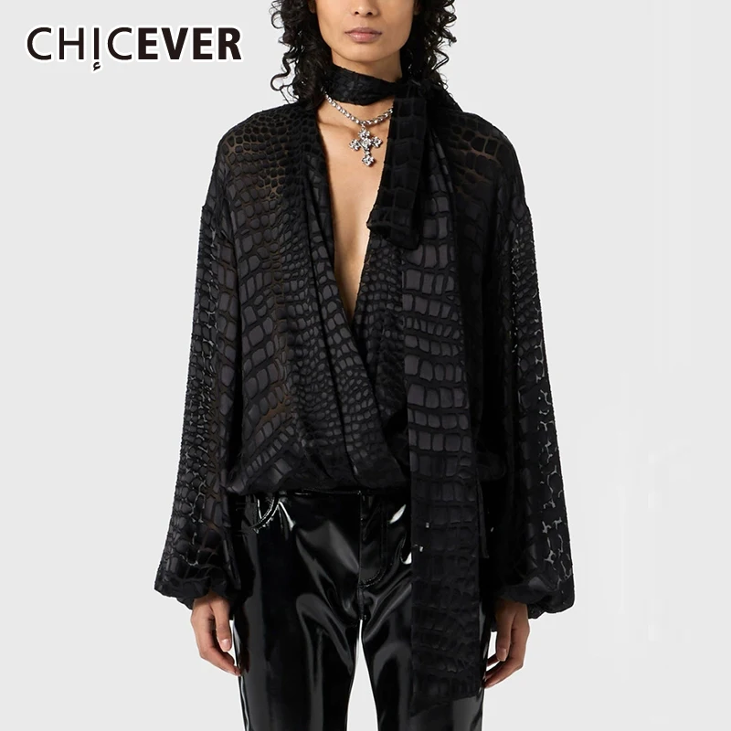 

CHICEVER Solid Runway Fashion Spliced Lace Up Shirts For Women Deep Neck Long Sleeve Loose Temperament Blouse Female Autumn New