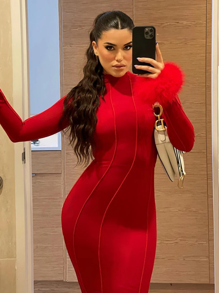 WeiYao-vestido de noche largo con espalda descubierta para mujer, traje Sexy ajustado con manga de plumas de retazos, elegante, para fiesta