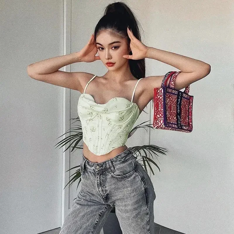 New Pocket Collar Sexy Chest Tank Top Short Suspender Fishbone Lining with Floral Bouquet Waist Slimming Bra for Women YXQ18