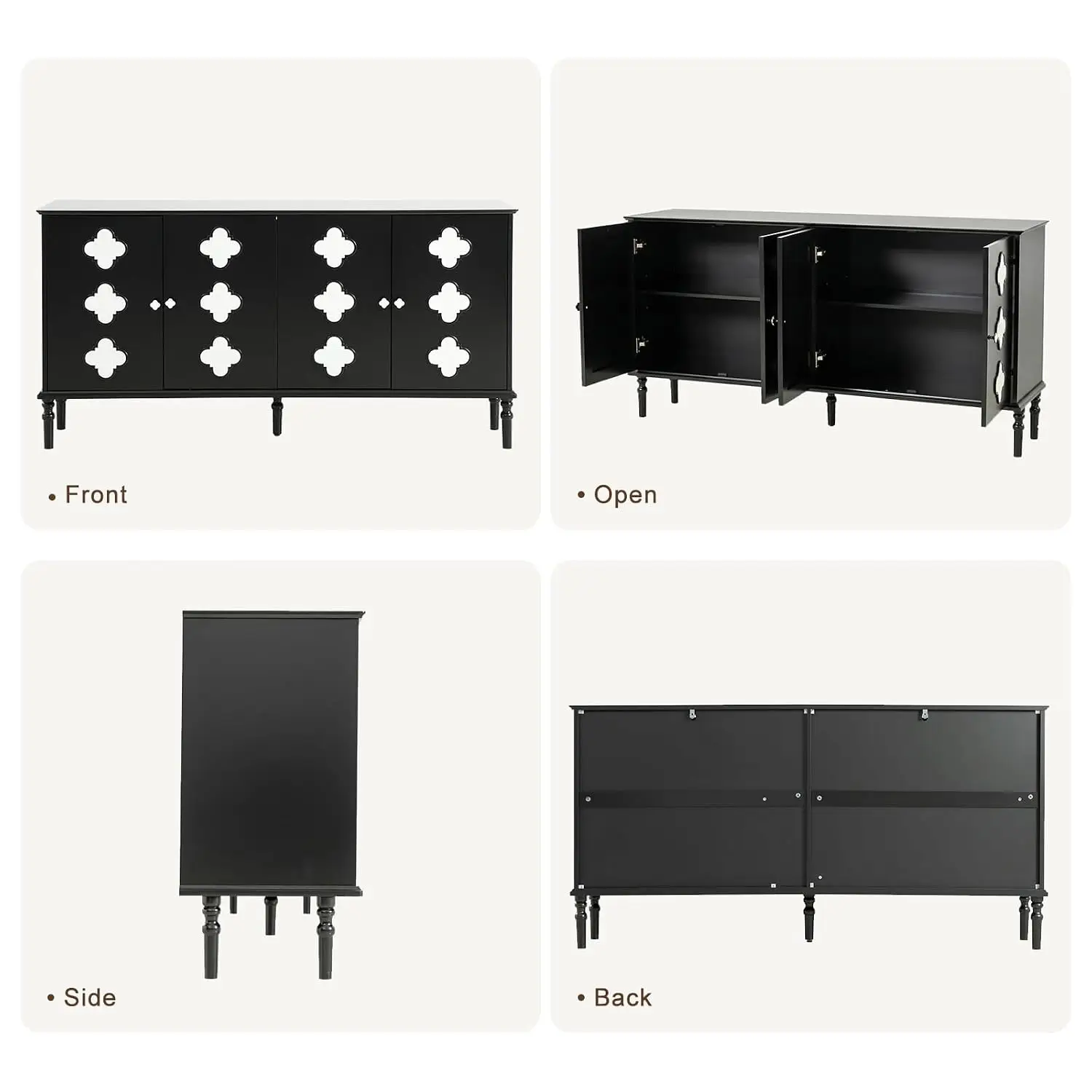 Black Buffet Sideboard Quatrefoil Accents 4-Door Storage Cabinet Kitchen Living Room Matte Black White, Customized