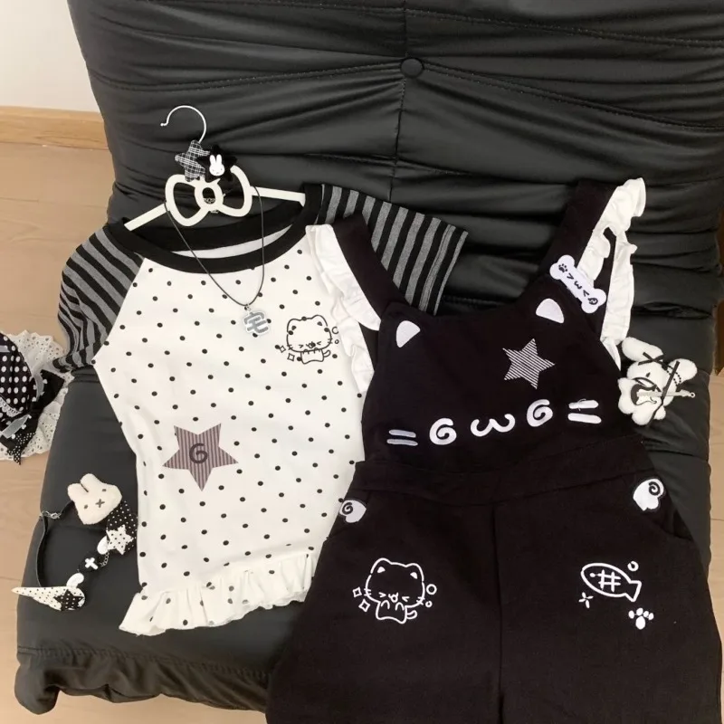 Y2K Kawaii 2 Piece Set Women Cartoon Cat Print Ruffle Trim Striped Polka Dot Slim Fit Short Sleeve Tee Overalls Shorts Casual