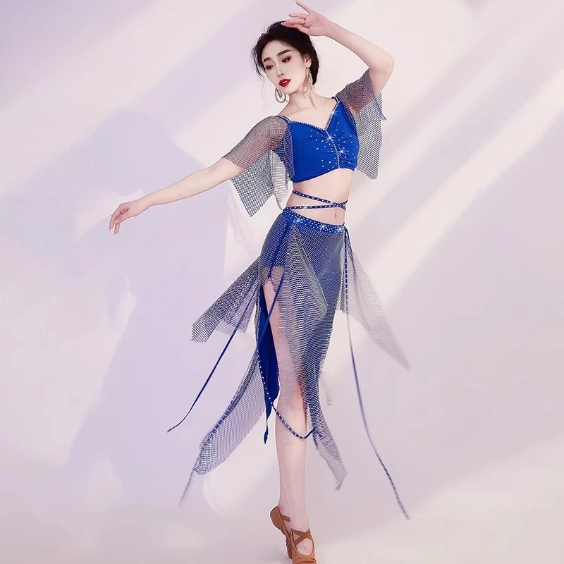 Trajes de dança do ventre personalizados brilhando conjunto de vestido de performance de dança oriental vestido de prática top de malha e saia