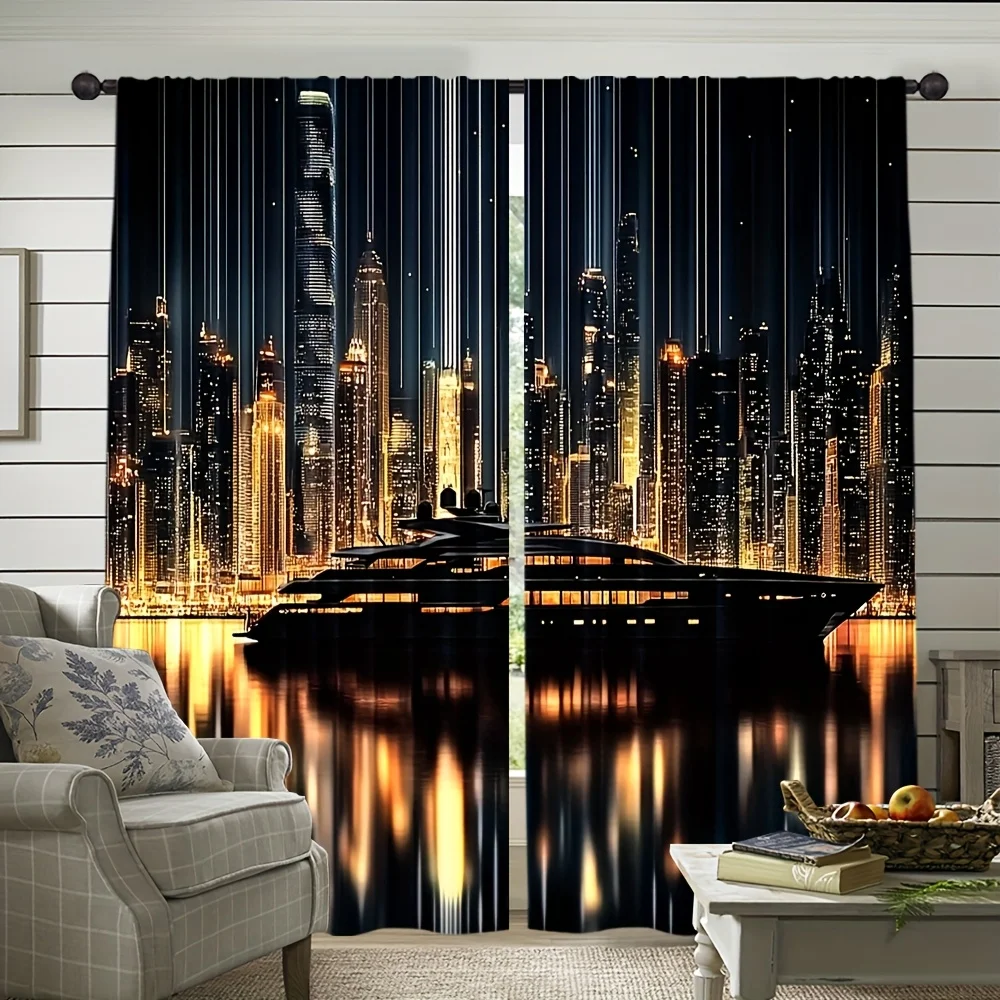 2 Panels Modern Cityscape Rod Pocket Curtains Night View Skyscraper Landscape Art Print for Living Room Bedroom Drapes