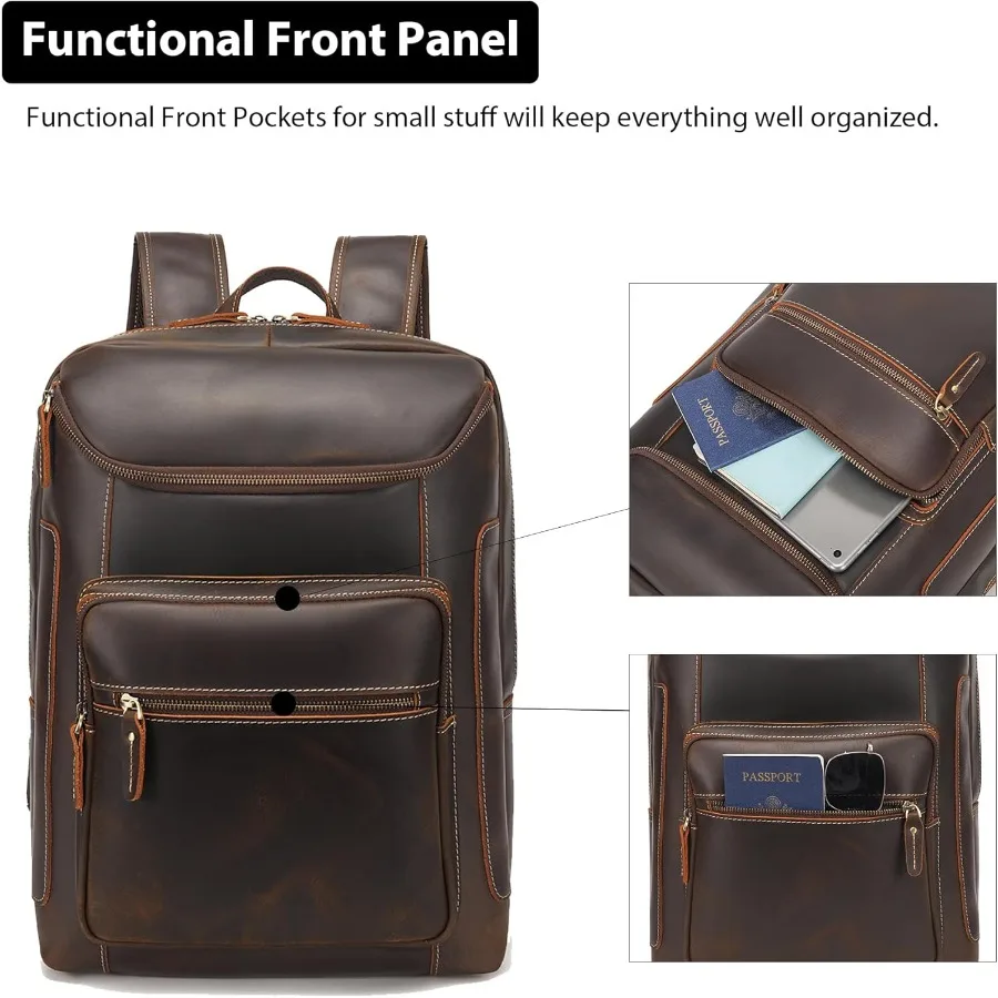 حقيبة ظهر من الجلد المحبب بالكامل من LANNSYNE للرجال مقاس 17 بوصة حقيبة ظهر للكمبيوتر المحمول كاجوال للعمل في الهواء الطلق حقيبة ظهر للسفر بسحابات YKK